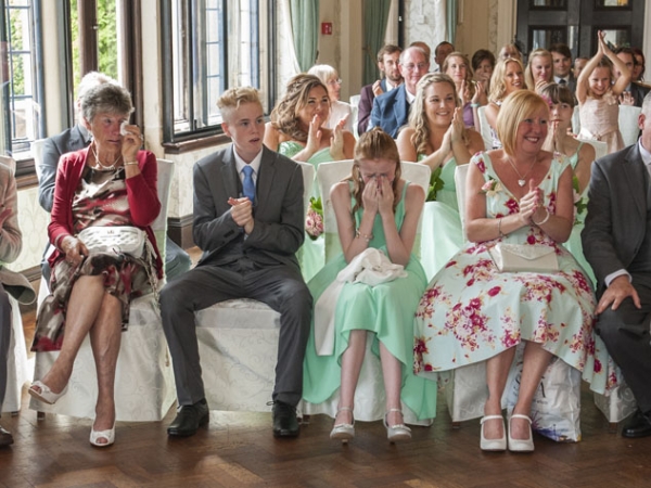 family clapping and crying, warwickshire wedding photographer, dunchurch park weddings