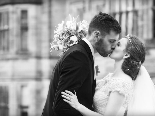 bride and groom kiss black and white, staffordshire wedding photographer, heath house weddings