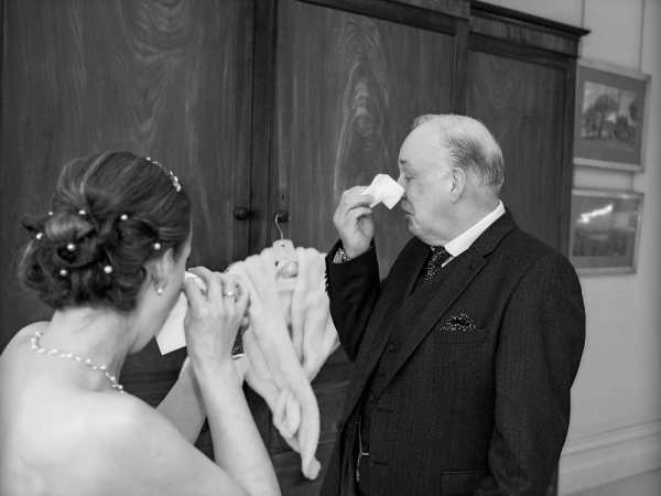 black and white bride and father tears of joy, staffordshire wedding photographer, heath house weddings