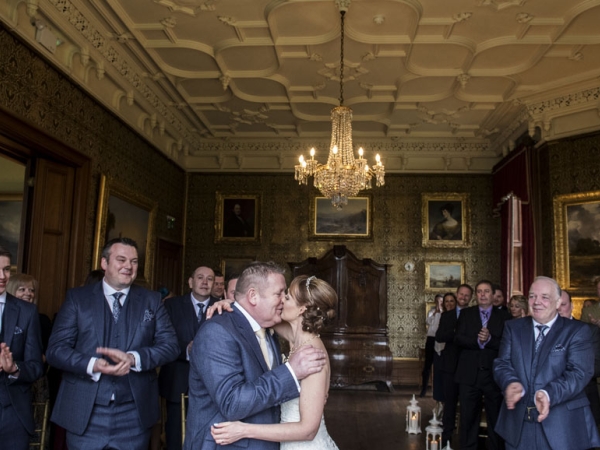 bride and groom first kiss, staffordshire wedding photographer, heath house weddings