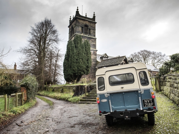village church and land rover defender, cheshire wedding photographer