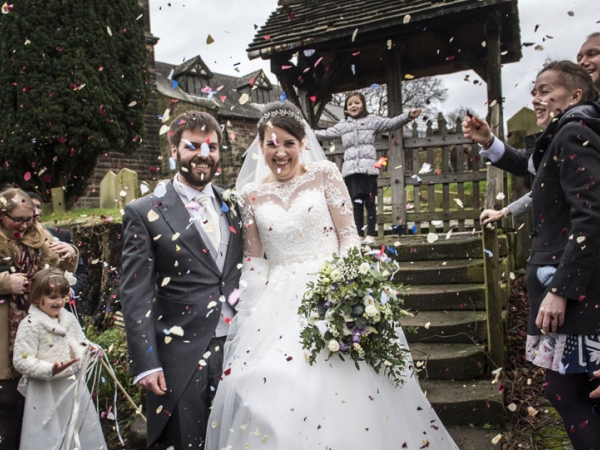 bride and groom confetti church, cheshire wedding photographer