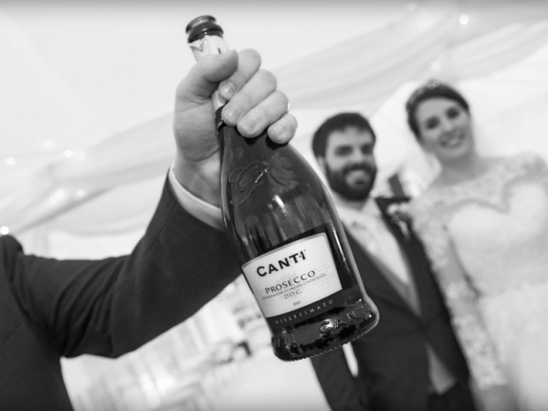 black and white bride and groom prosecco, cheshire wedding photographer
