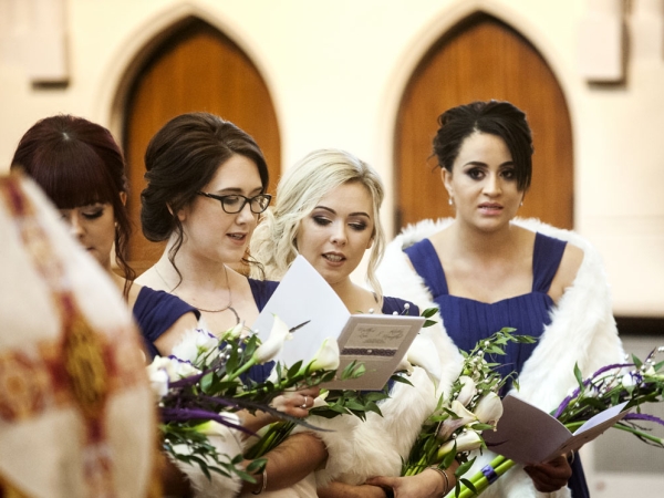 bridesmaids singing, purple dresses, cheshire wedding photographer, crewe hall