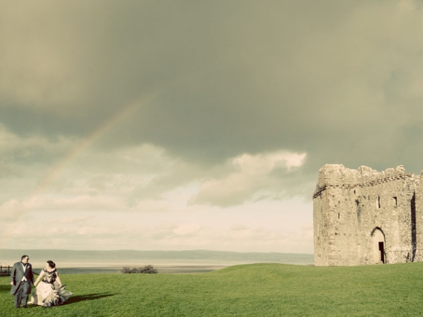weobley castle, bride and groom, wedding photographer in wales, rainbow