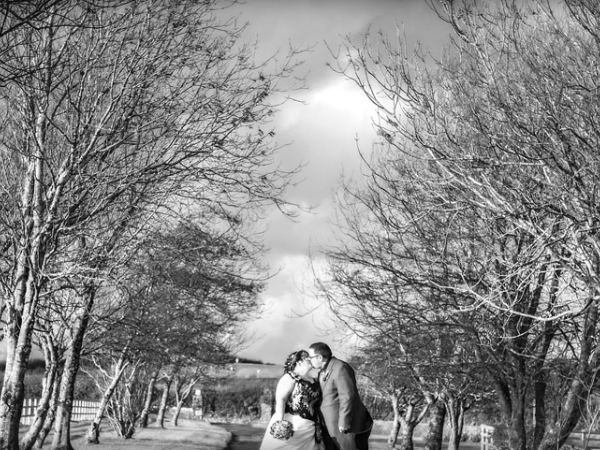 bride and groom black and white tree lined path, wedding photographer in wales