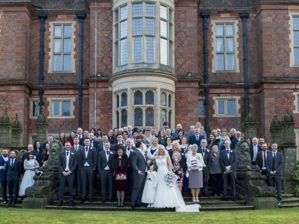 wedding party and family photograph, cheshire wedding photographer, crewe hall