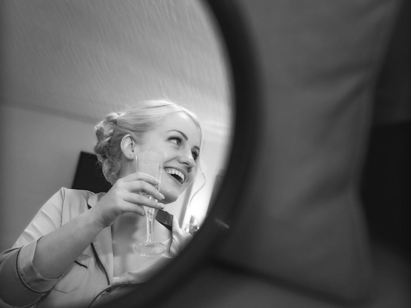 black and white bride reflection in mirror, cheshire wedding photographer, sandhole oak barn