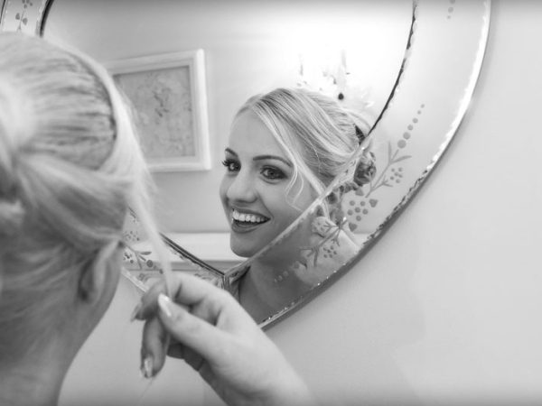 black and white bride reflection in mirror, cheshire wedding photographer, sandhole oak barn