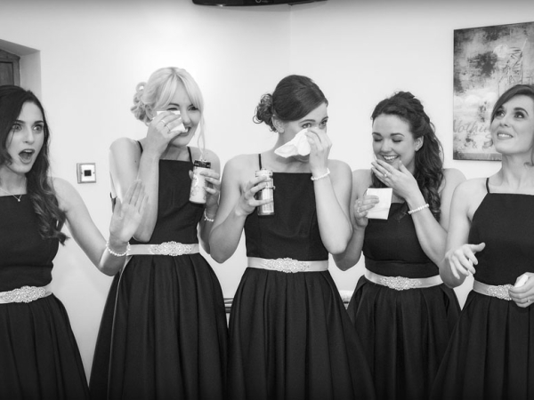 black and white bridesmaids crying tears of joy, cheshire wedding photographer, sandhole oak barn
