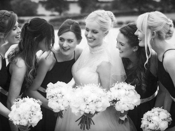black and white, bride and bridesmaids, cheshire wedding photographer, sandhole oak barn