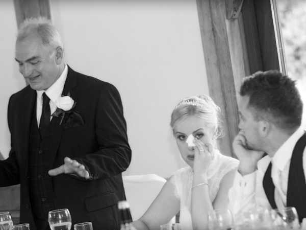 black and white father of the bride speech, cheshire wedding photographer, sandhole oak barn