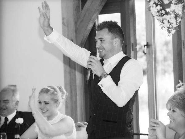 black and white groom speech, cheshire wedding photographer, sandhole oak barn