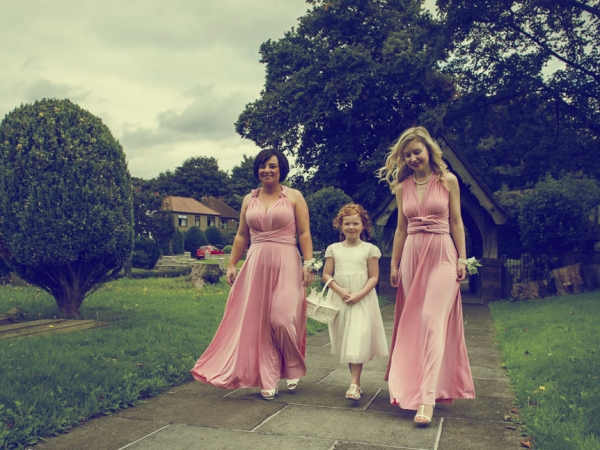 bridesmaids in salmon with flower girl, cheshire wedding photographer, statham lodge hotel