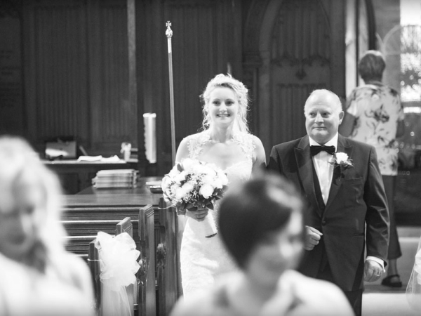 bride walking down aisle, cheshire wedding photographer, all saints church thelwall