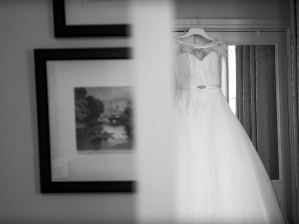 black and white wedding dress hanging up, warwickshire wedding photographer, Ansty Hall