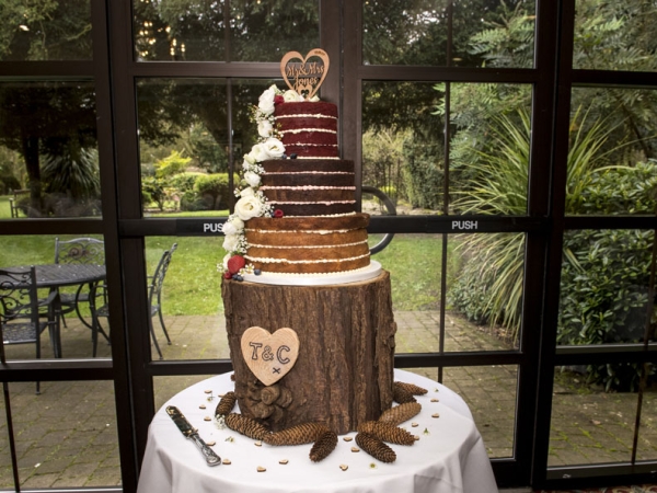 wooden effect chocolate wedding cake, warwickshire wedding photographer, Ansty Hall
