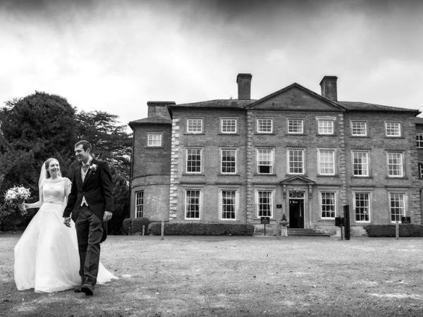 black and white bride and groom in venue grounds, warwickshire wedding photographer, Ansty Hall