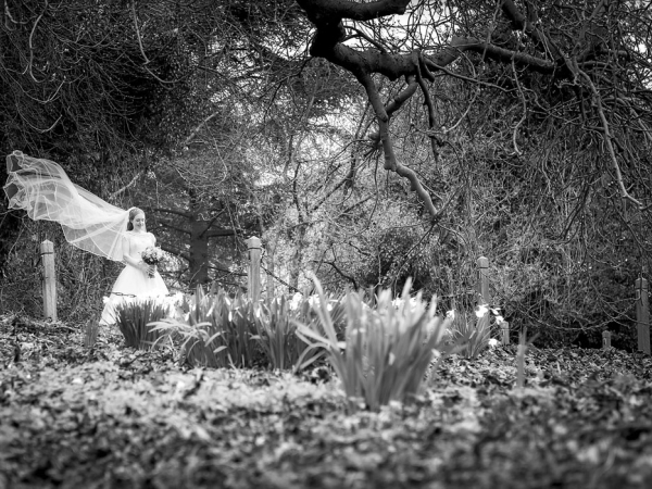 black and white bride in wooded venue grounds, warwickshire wedding photographer, Ansty Hall